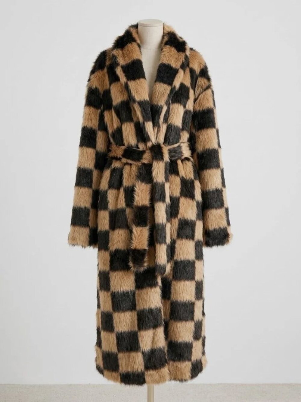 Checkered Print Brown Two-Tone Color Block Faux Fur Belted Maxi Length Coat